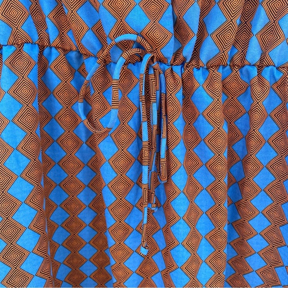 Blue and orange retro style midi dress rolled short sleeve button front size 14P - Picture 4 of 10